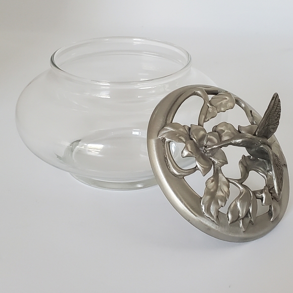 Seagull Canada Etain Pewter Zinn Hummingbird Potpourri Glass Bowl Vintage 1992 - Picture 3 of 8